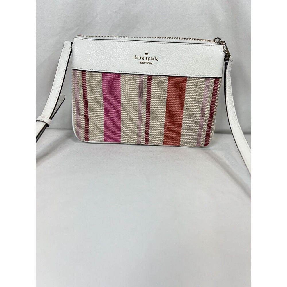 Kate Spade Leila Triple‎ Gusset Canvas Leather Crossbody Pink White Stripe SMALL